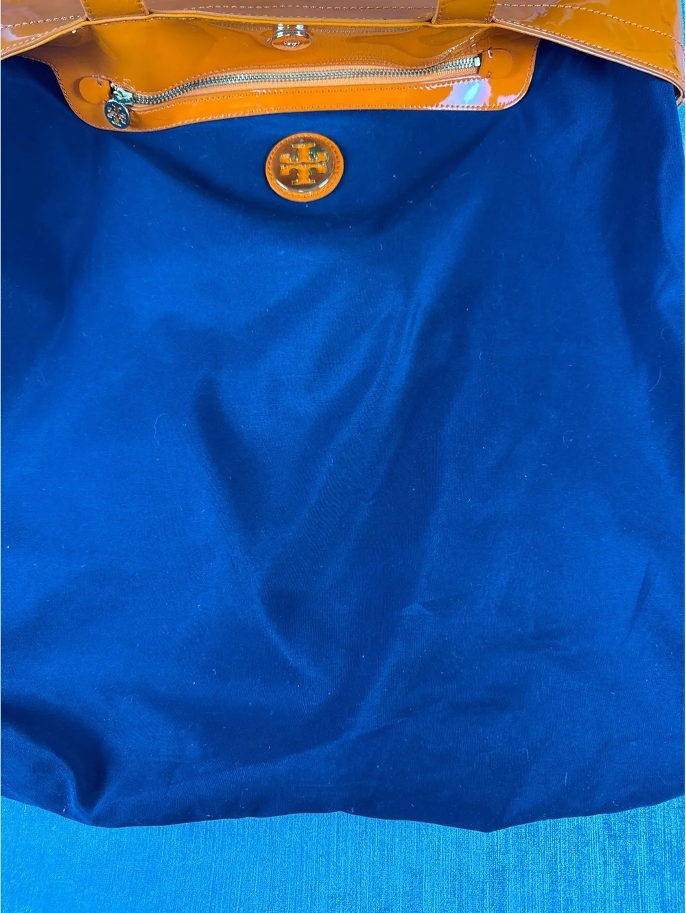 Tory Burch Orange Patent Leather Perforated Logo Tote